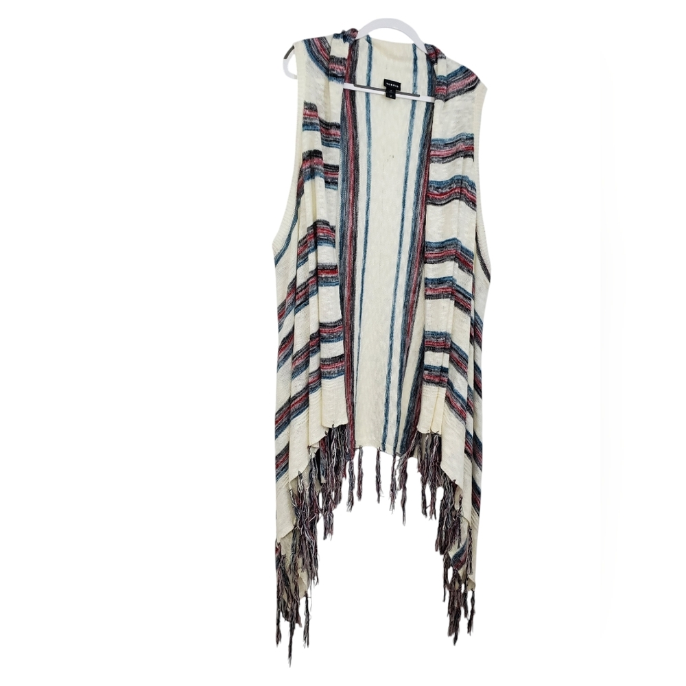 Torrid Striped Knit Fringed Vest Waterfall Front Cream Red Blue Sz 4 Pre-Owned - Picture 2 of 12